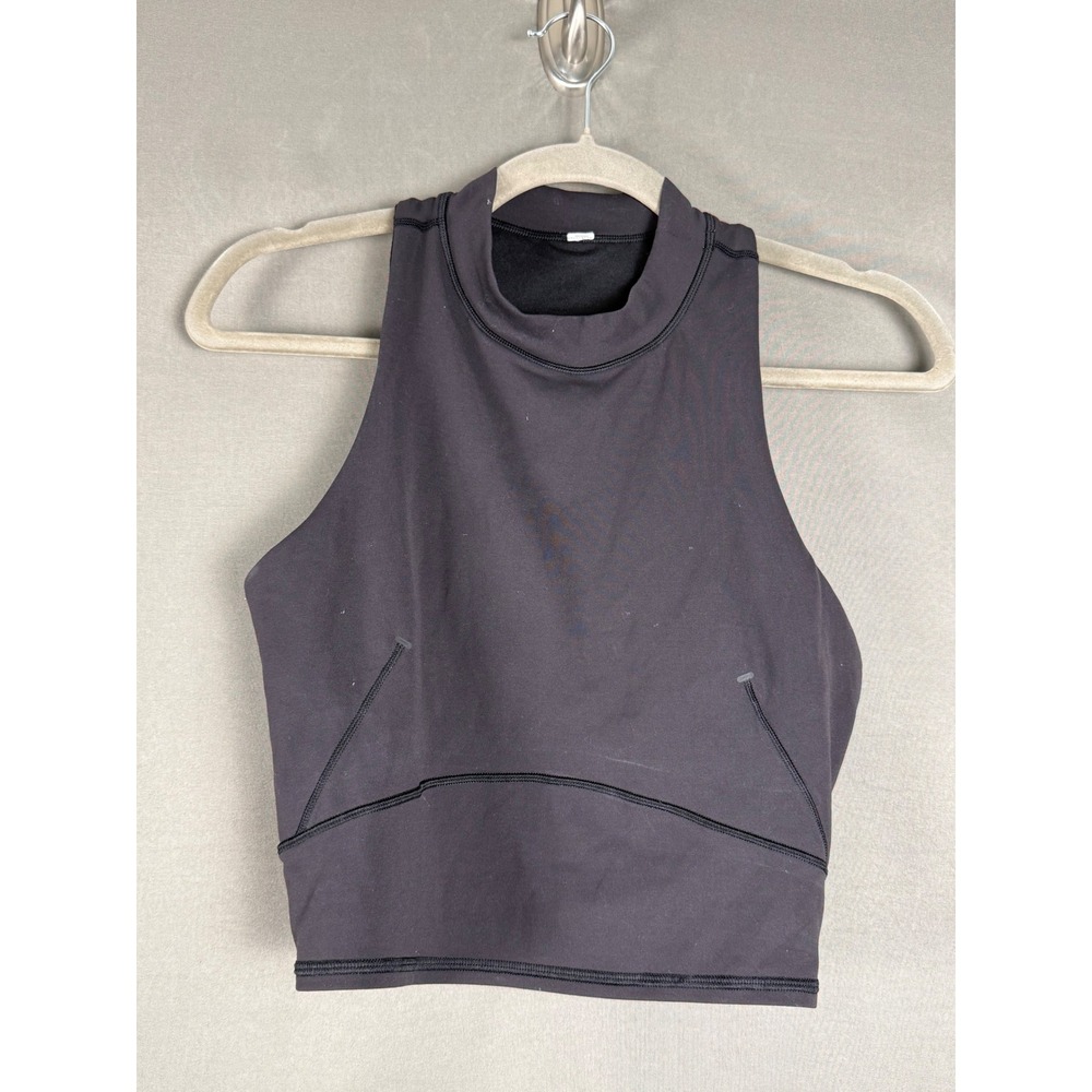 Lululemon High Neck Crop Tank Top Women Size 8 Black Racerback Mesh Bra LW1CUZS
